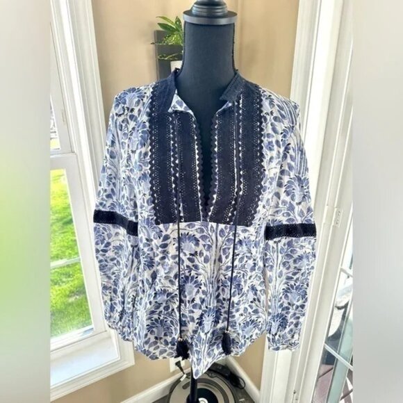 Tory Burch Blue and White Floral Peasant Blouse Tunic - Picture 1 of 6